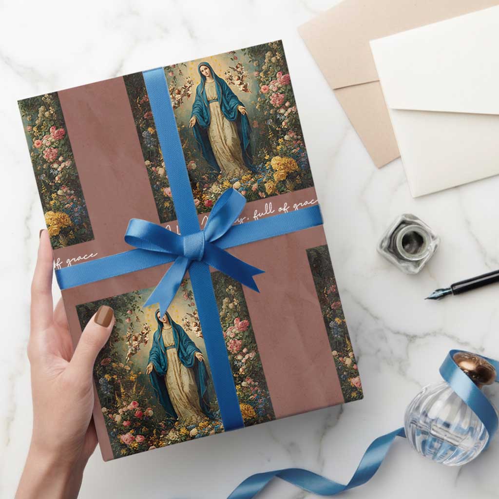 Marian Catholic Wrapping Paper Roll Hail Mary Full Of Grace Blessed Virgin Mary Floral - Wonder Print Shop