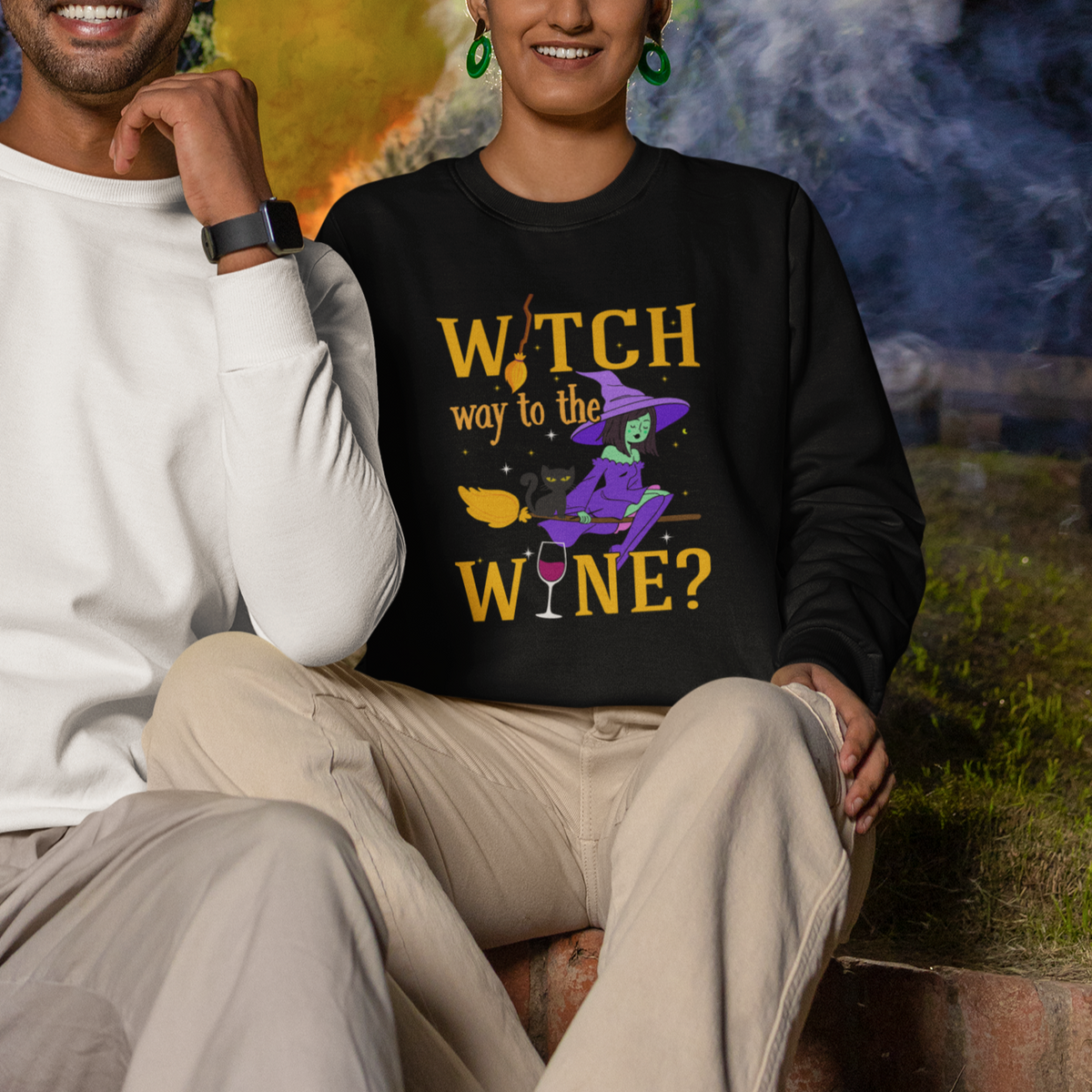 Halloween Witch Sweatshirt Witch Way To The Wine Halloween Drinking for Wiccan Witches - Wonder Print Shop
