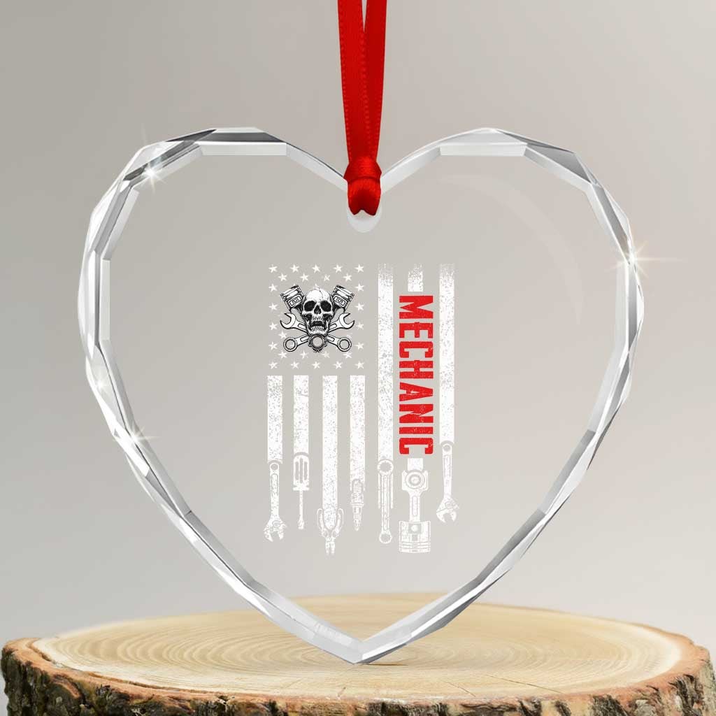 Mechanic American Flag Vintage Skull Auto Repair Handyman Heart Crystal Glass Ornament