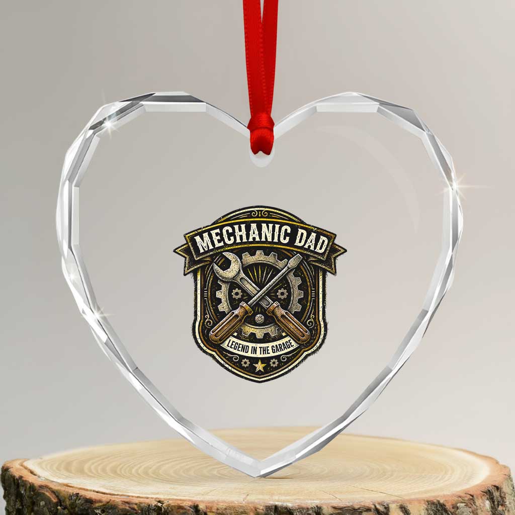 Mechanic Dad Legend In The Garage Heart Crystal Glass Ornament Funny Auto Repair Fathers Day Gift