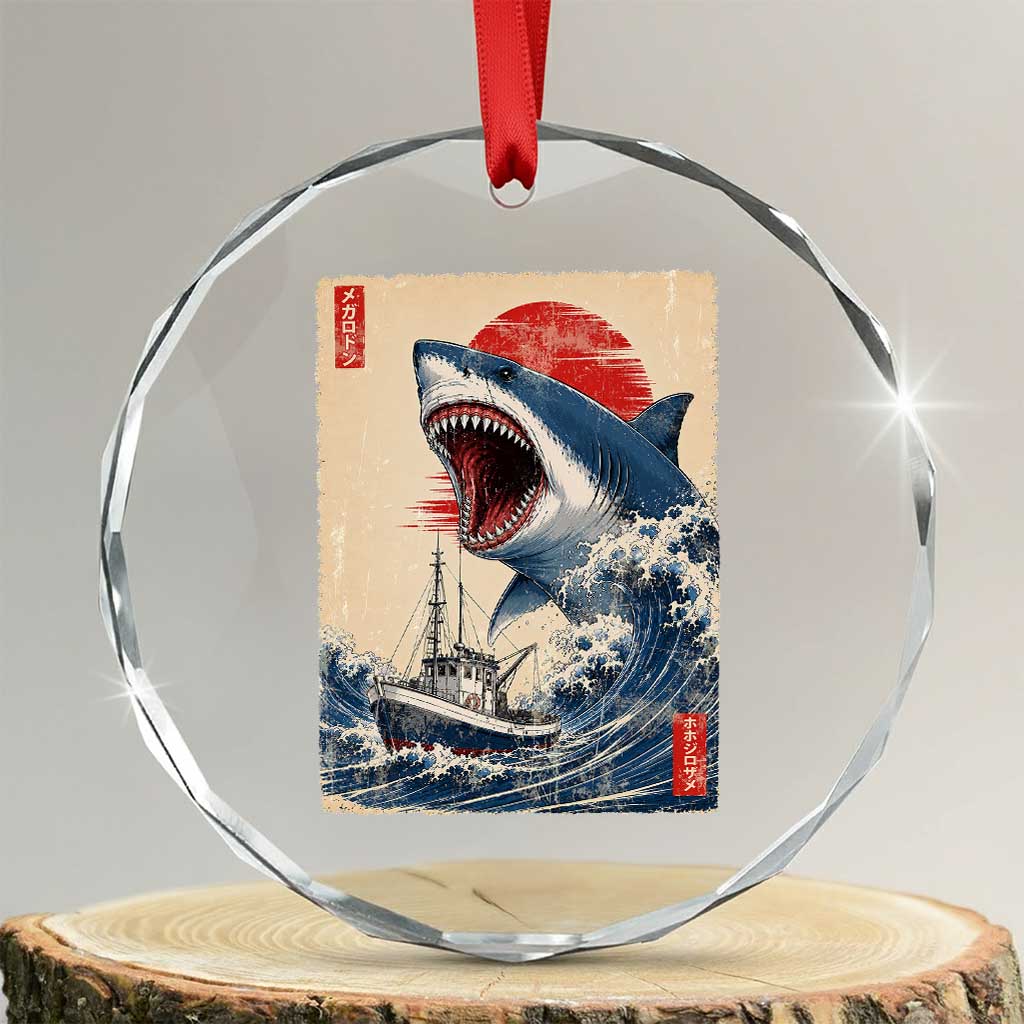 Megalodon Shark Japanese Vintage Graphic Ukiyo e Art Crystal Glass Ornament