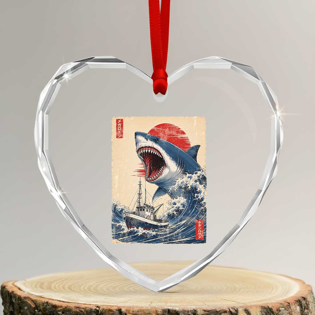 Megalodon Shark Japanese Vintage Graphic Ukiyo e Art Heart Crystal Glass Ornament
