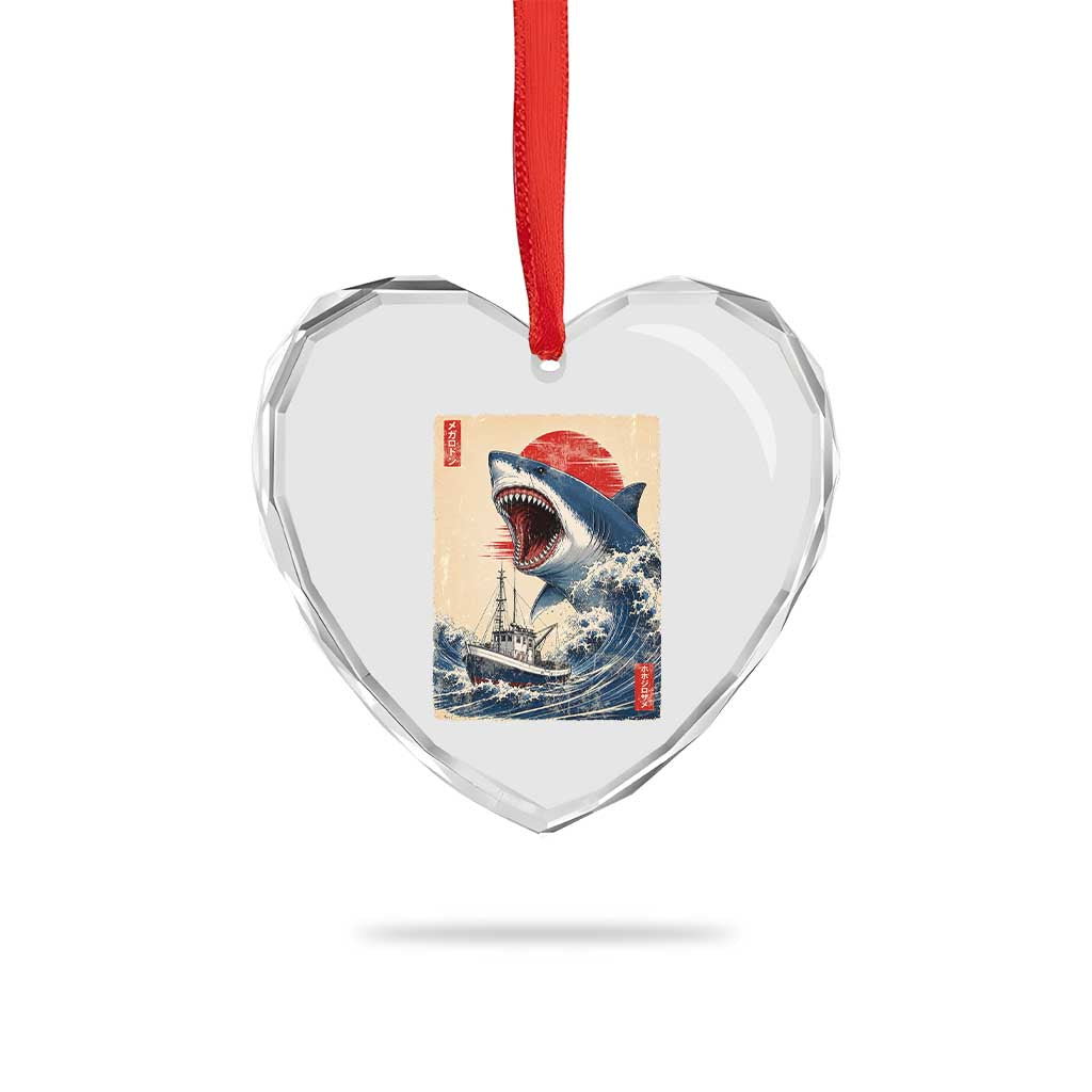 Megalodon Shark Japanese Vintage Graphic Ukiyo e Art Heart Crystal Glass Ornament
