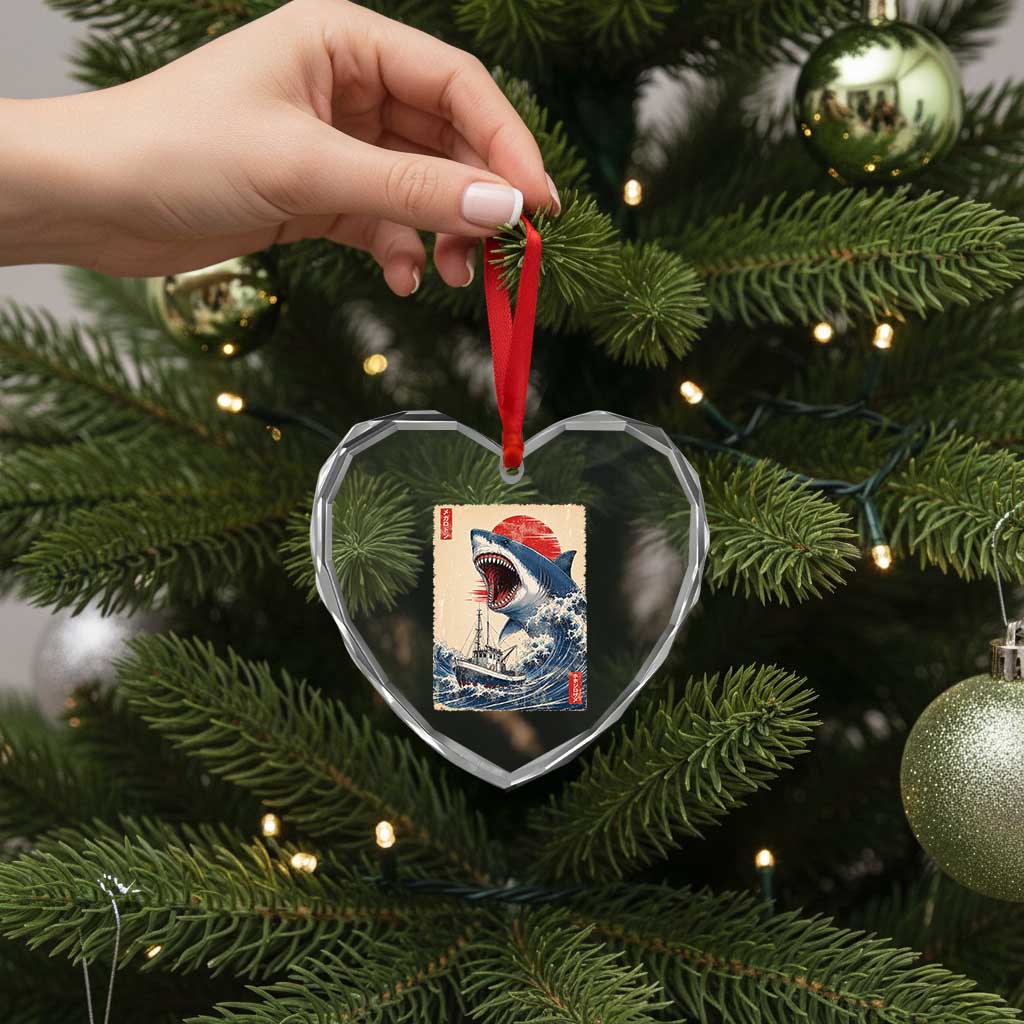 Megalodon Shark Japanese Vintage Graphic Ukiyo e Art Heart Crystal Glass Ornament