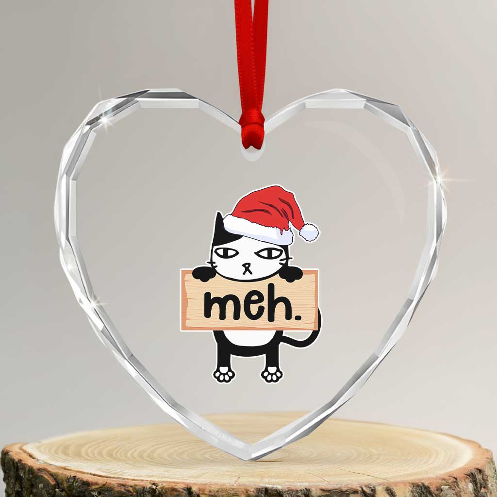 Meh Black Cat Sarcastic Funny Xmas Heart Crystal Glass Ornament - Wonder Print Shop