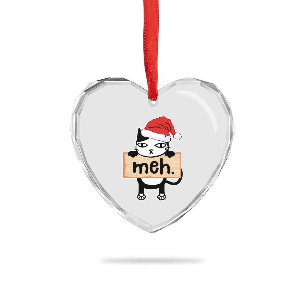 Meh Black Cat Sarcastic Funny Xmas Heart Crystal Glass Ornament - Wonder Print Shop
