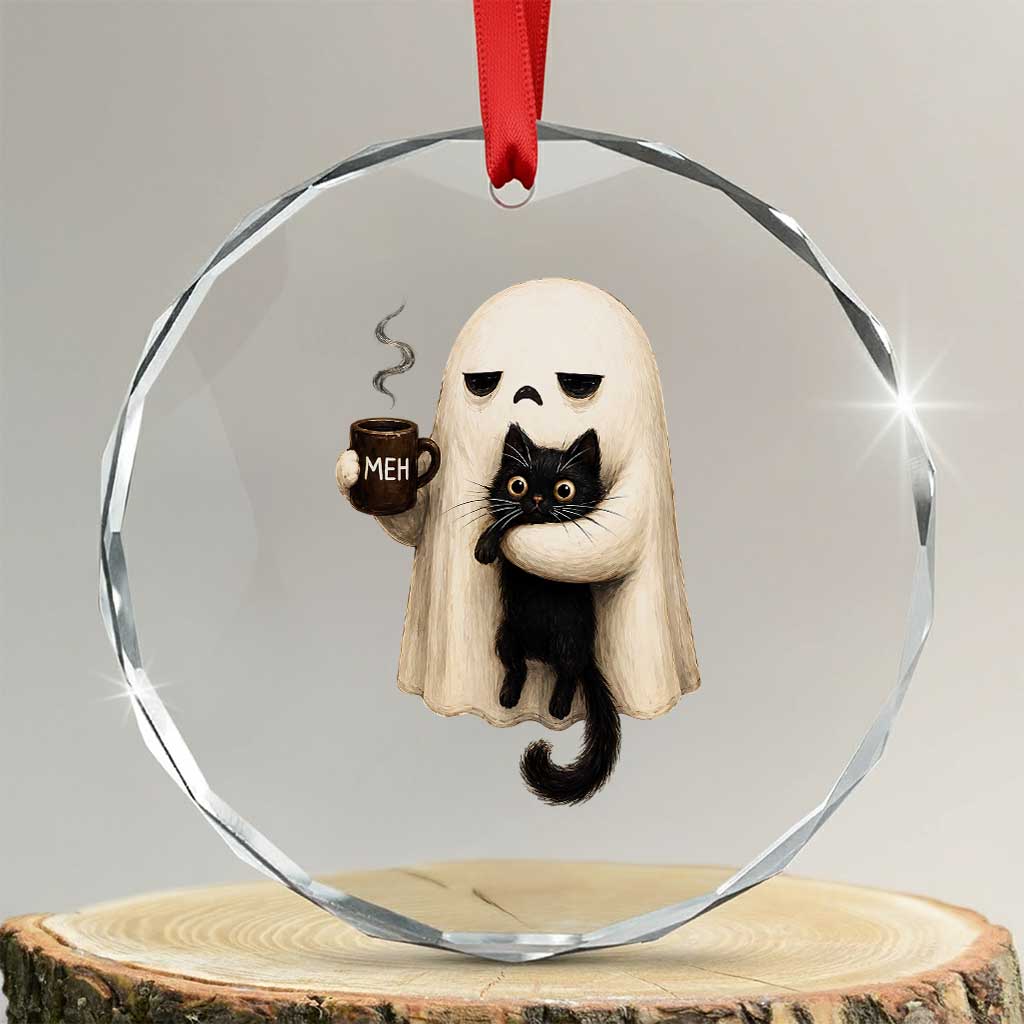 Meh Boojee Sleepy Ghost Holding Black Cat Drinking Coffee Crystal Glass Ornament Spooky Halloween Cute Autumn Morning Mood Graphic