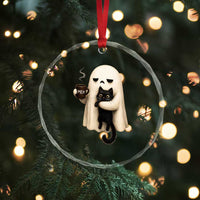 Meh Boojee Sleepy Ghost Holding Black Cat Drinking Coffee Crystal Glass Ornament Spooky Halloween Cute Autumn Morning Mood Graphic