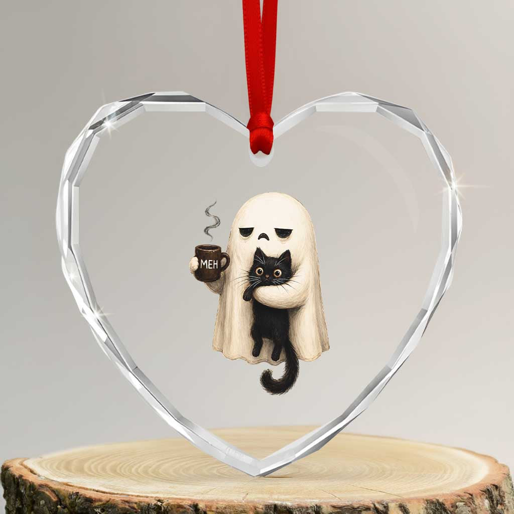 Meh Boojee Sleepy Ghost Holding Black Cat Drinking Coffee Heart Crystal Glass Ornament Spooky Halloween Cute Autumn Morning Mood Graphic