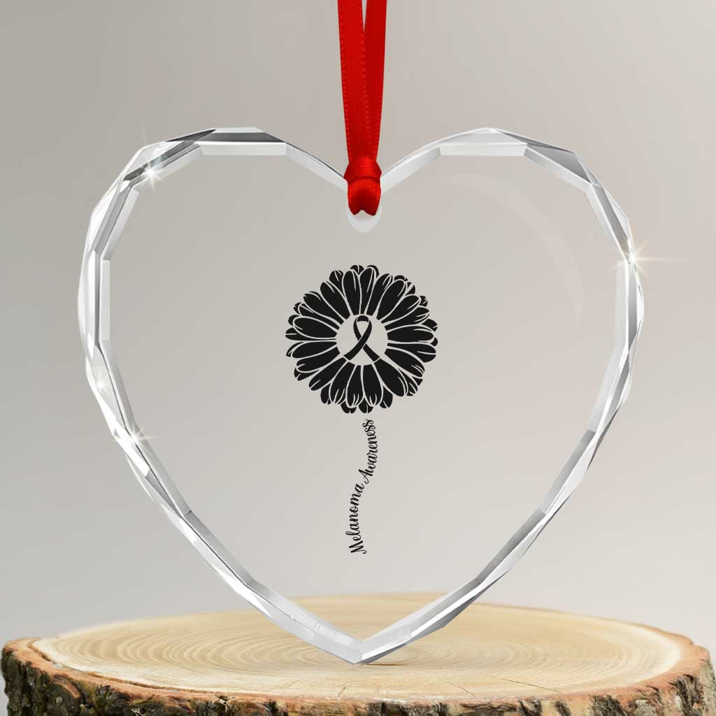 Melanoma Awareness Black Ribbon Flower Heart Crystal Glass Ornament Skin Cancer Fighter Gift