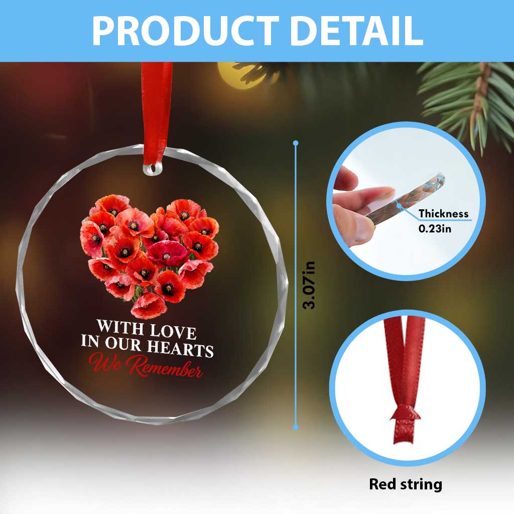 Memorial Day Crystal Glass Ornament With Love In Our Hearts We Remember Red Poppy Flower