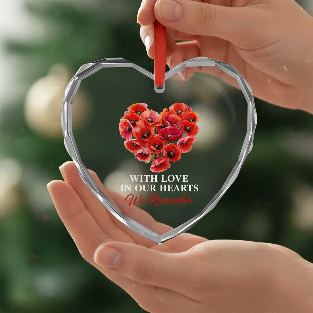 Memorial Day Heart Crystal Glass Ornament With Love In Our Hearts We Remember Red Poppy Flower