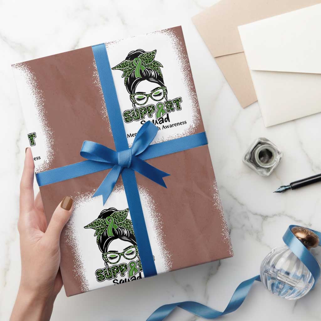 Mental Health Awarenes Wrapping Paper Roll Messy Bun Green Ribbon Support