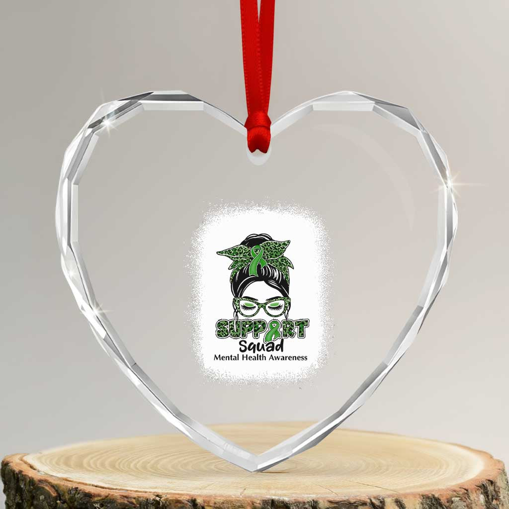 Mental Health Awarenes Heart Crystal Glass Ornament Messy Bun Green Ribbon Support