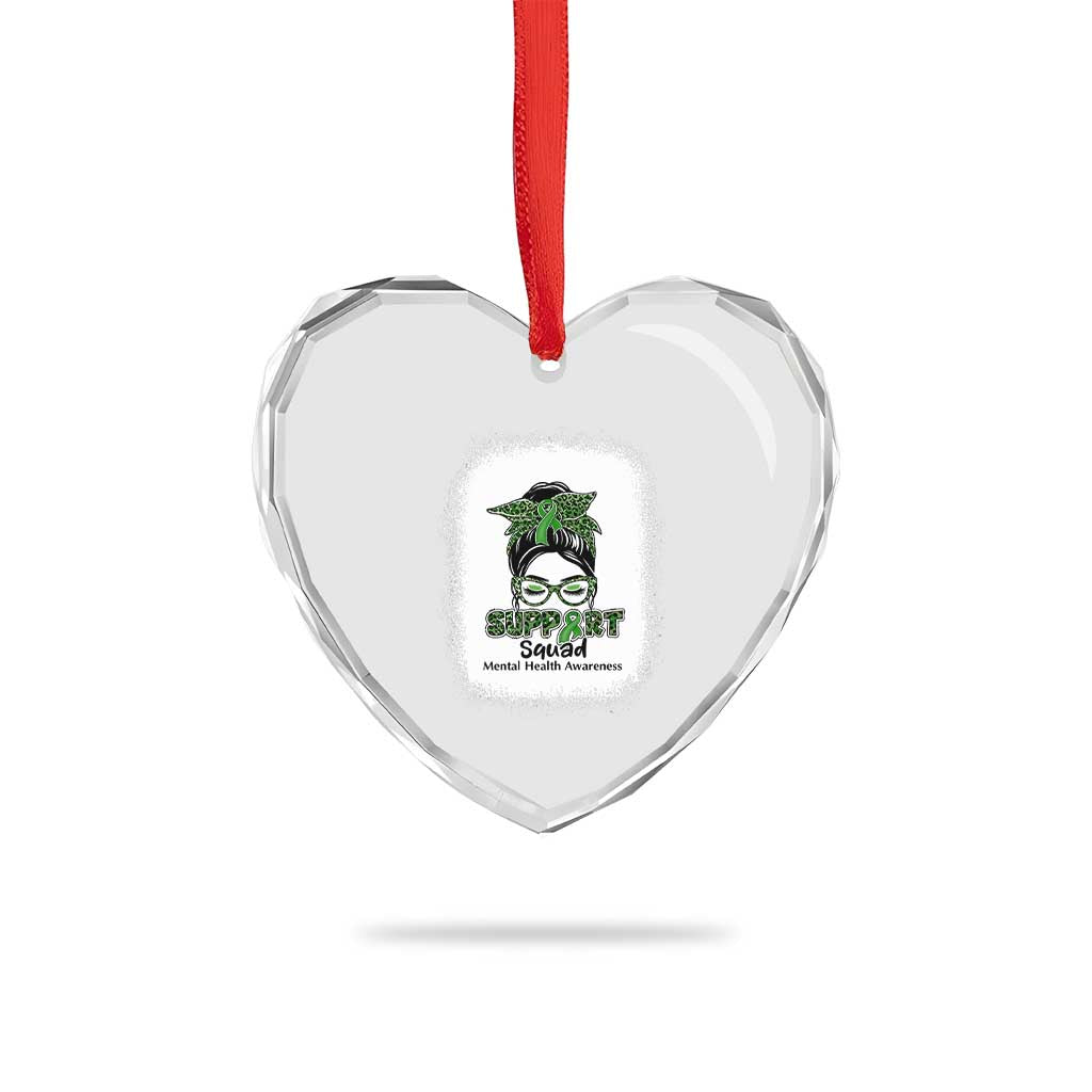 Mental Health Awarenes Heart Crystal Glass Ornament Messy Bun Green Ribbon Support
