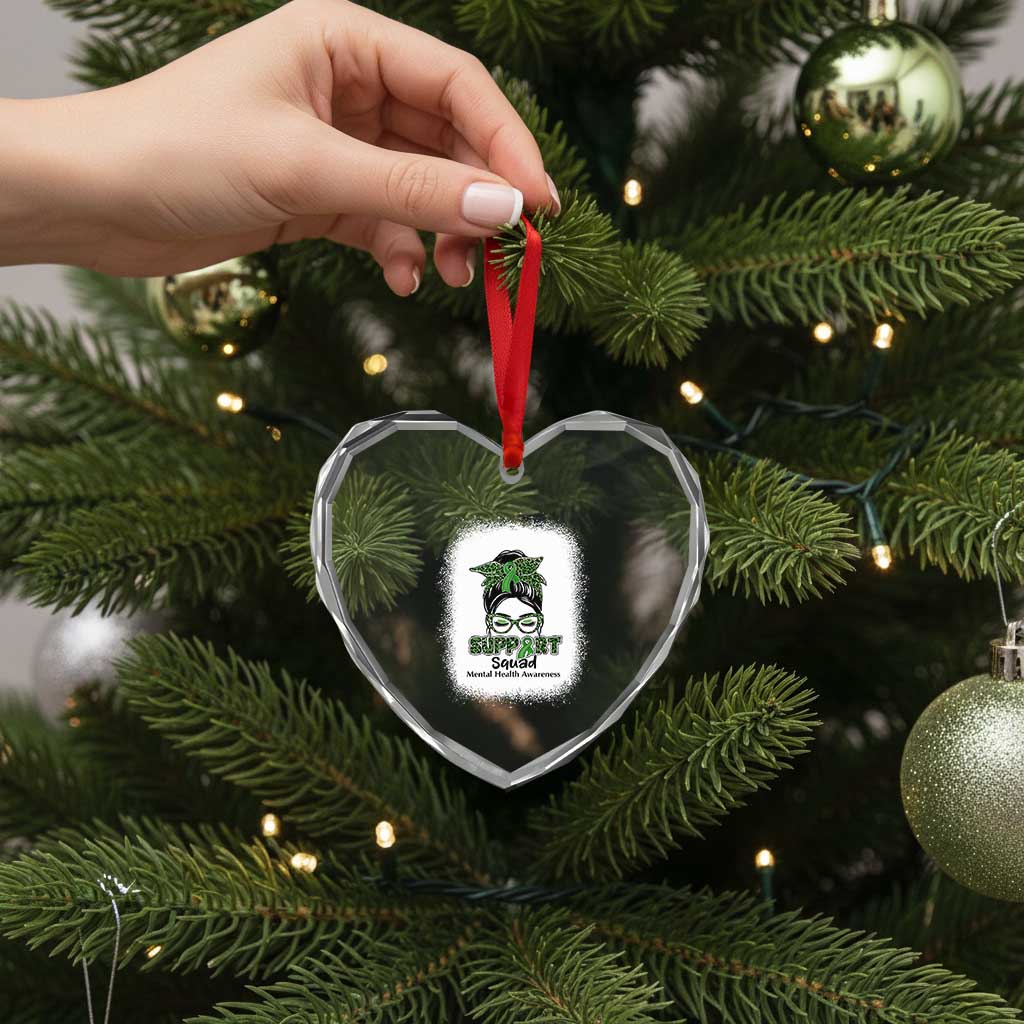 Mental Health Awarenes Heart Crystal Glass Ornament Messy Bun Green Ribbon Support