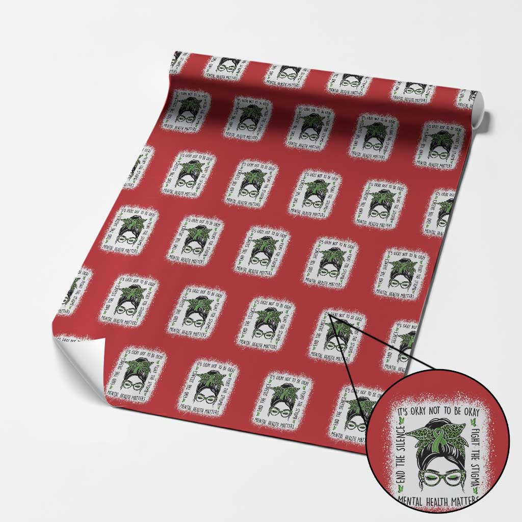 Mental Health Matters Wrapping Paper Roll Messy Bun Green Ribbon Support