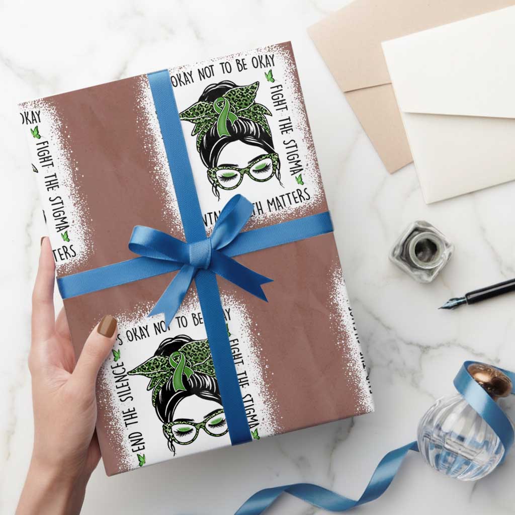 Mental Health Matters Wrapping Paper Roll Messy Bun Green Ribbon Support