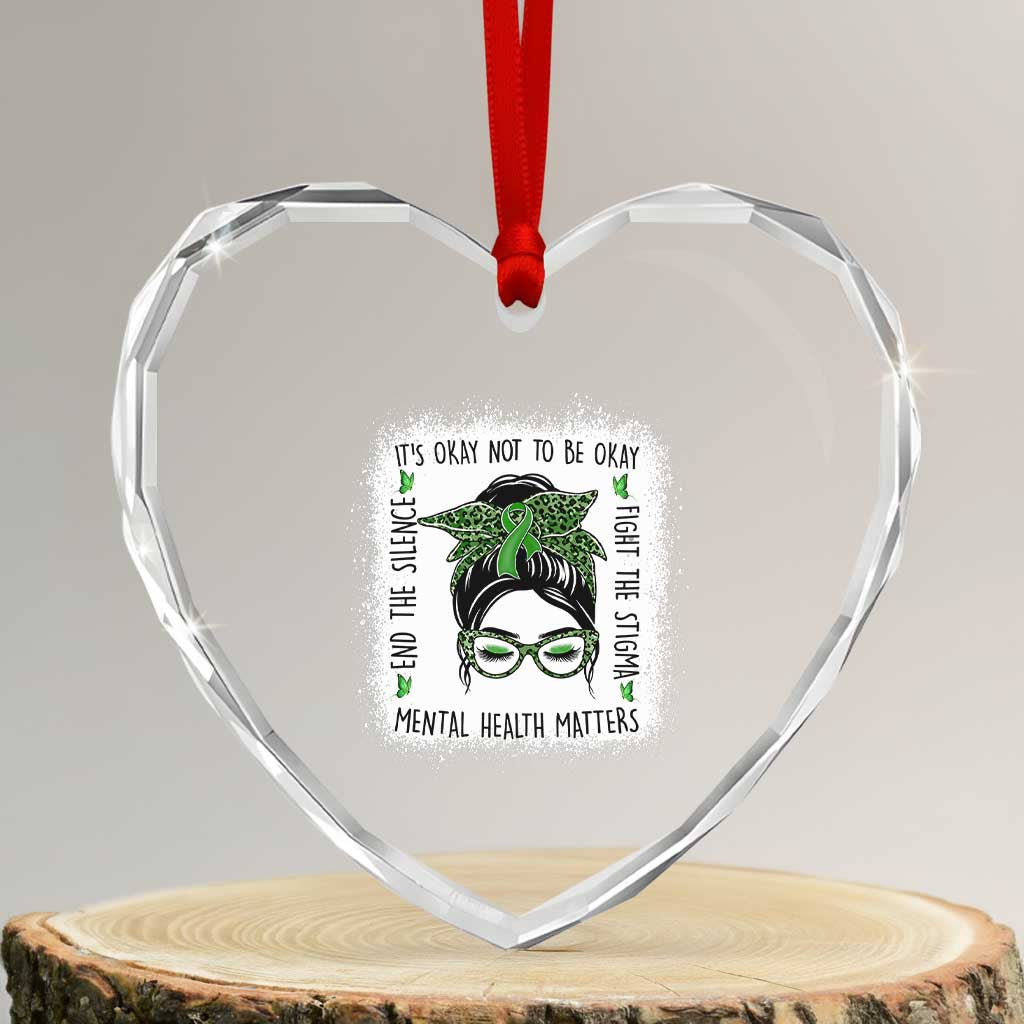 Mental Health Matters Heart Crystal Glass Ornament Messy Bun Green Ribbon Support