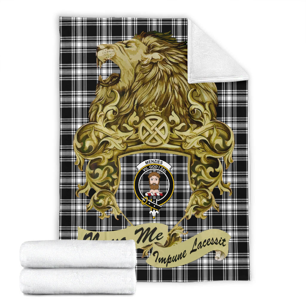 menzies-black-and-white-tartan-premium-blanket-motto-nemo-me-impune-lacessit-with-vintage-lion-family-crest-tartan-plaid-blanket-vintage-style
