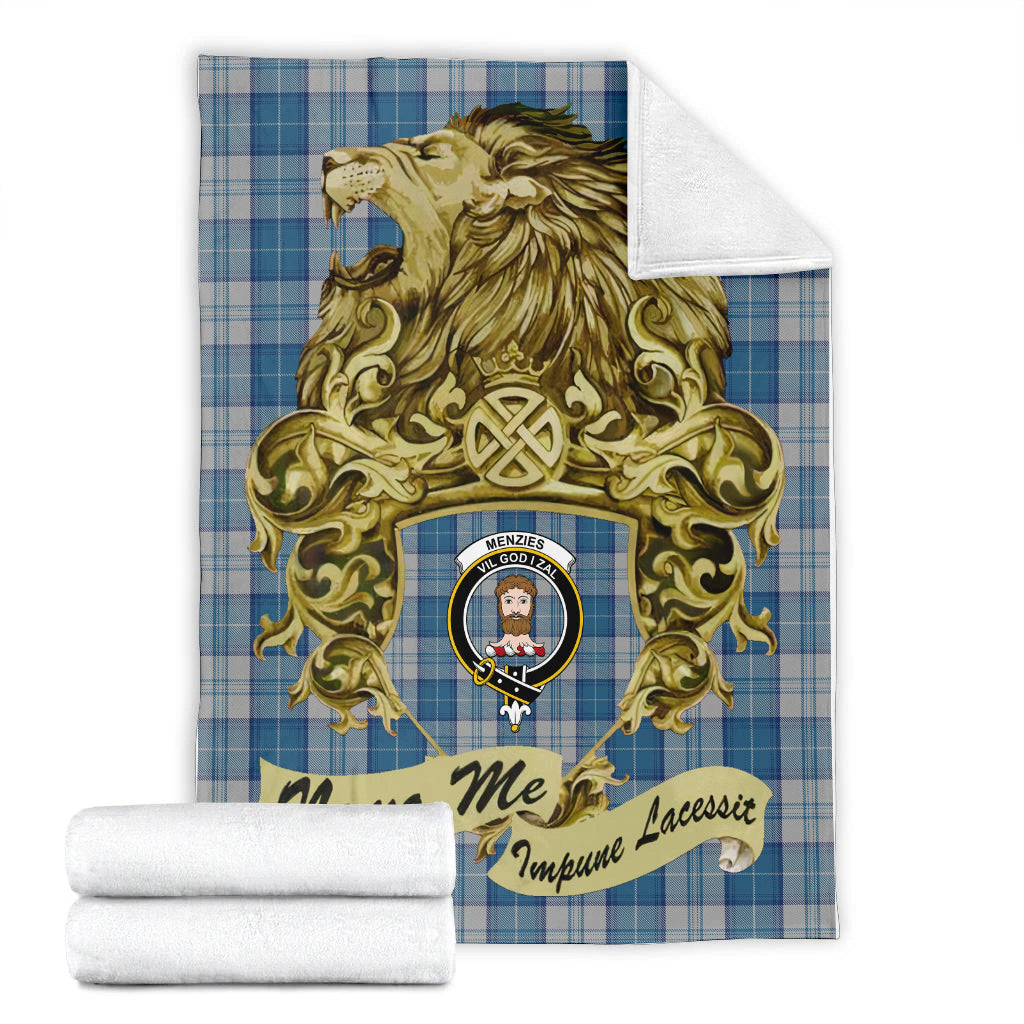 menzies-dress-blue-and-white-tartan-premium-blanket-motto-nemo-me-impune-lacessit-with-vintage-lion-family-crest-tartan-plaid-blanket-vintage-style