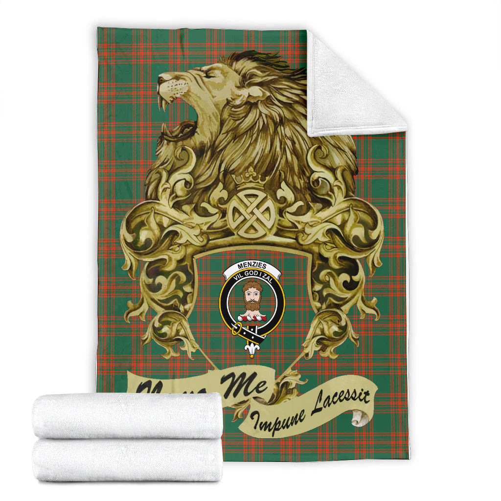 menzies-green-ancient-tartan-premium-blanket-motto-nemo-me-impune-lacessit-with-vintage-lion-family-crest-tartan-plaid-blanket-vintage-style