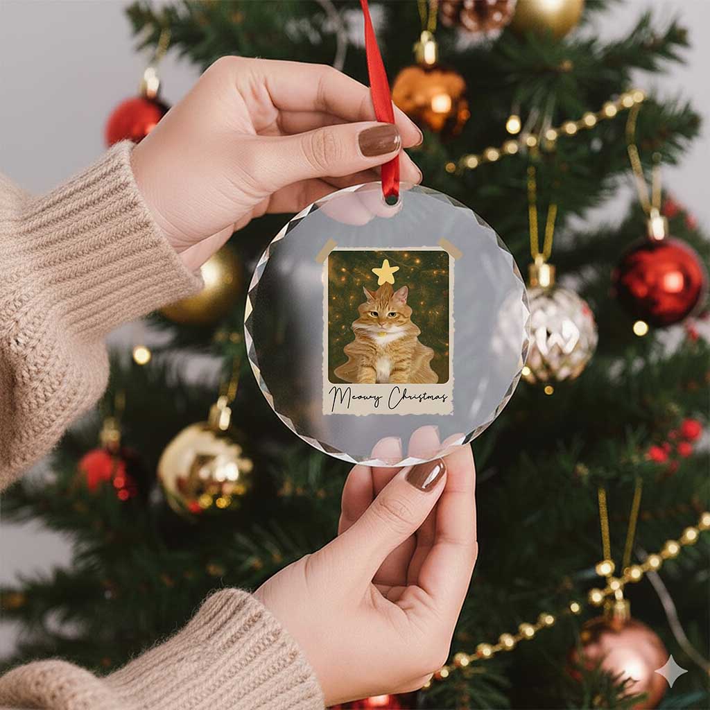 Meowy Christmas Crystal Glass Ornament Funny Cat Xmas Tree Retro Vintage Photo - Wonder Print Shop