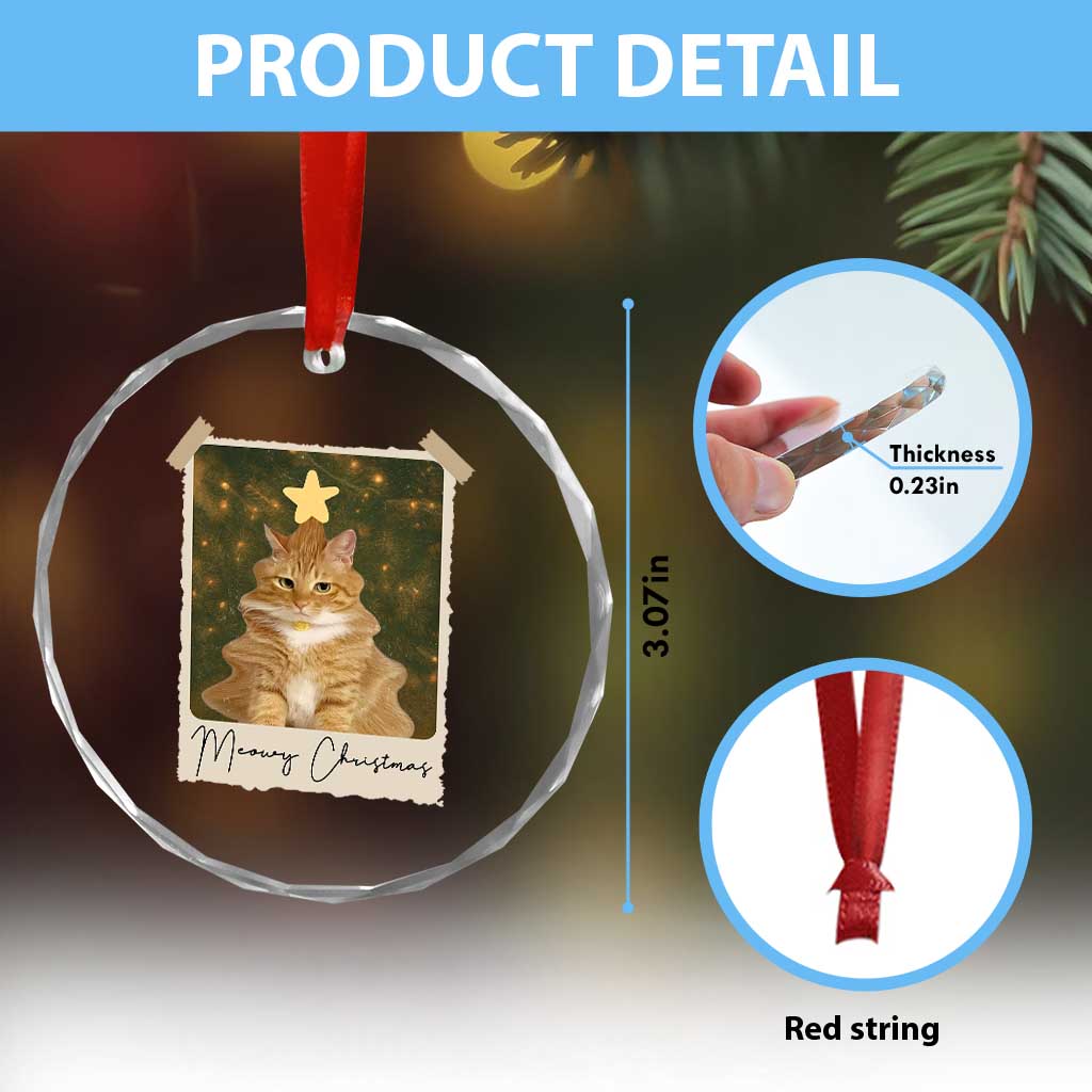 Meowy Christmas Crystal Glass Ornament Funny Cat Xmas Tree Retro Vintage Photo - Wonder Print Shop