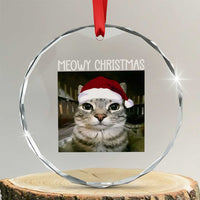 Meowy Christmas Crystal Glass Ornament Xmas Silly Staring Cat Meme Santa Hat - Wonder Print Shop