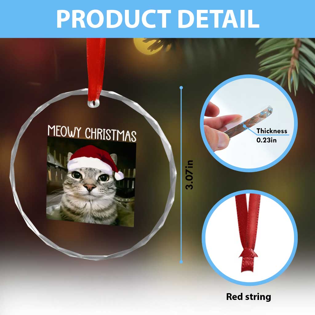 Meowy Christmas Crystal Glass Ornament Xmas Silly Staring Cat Meme Santa Hat - Wonder Print Shop