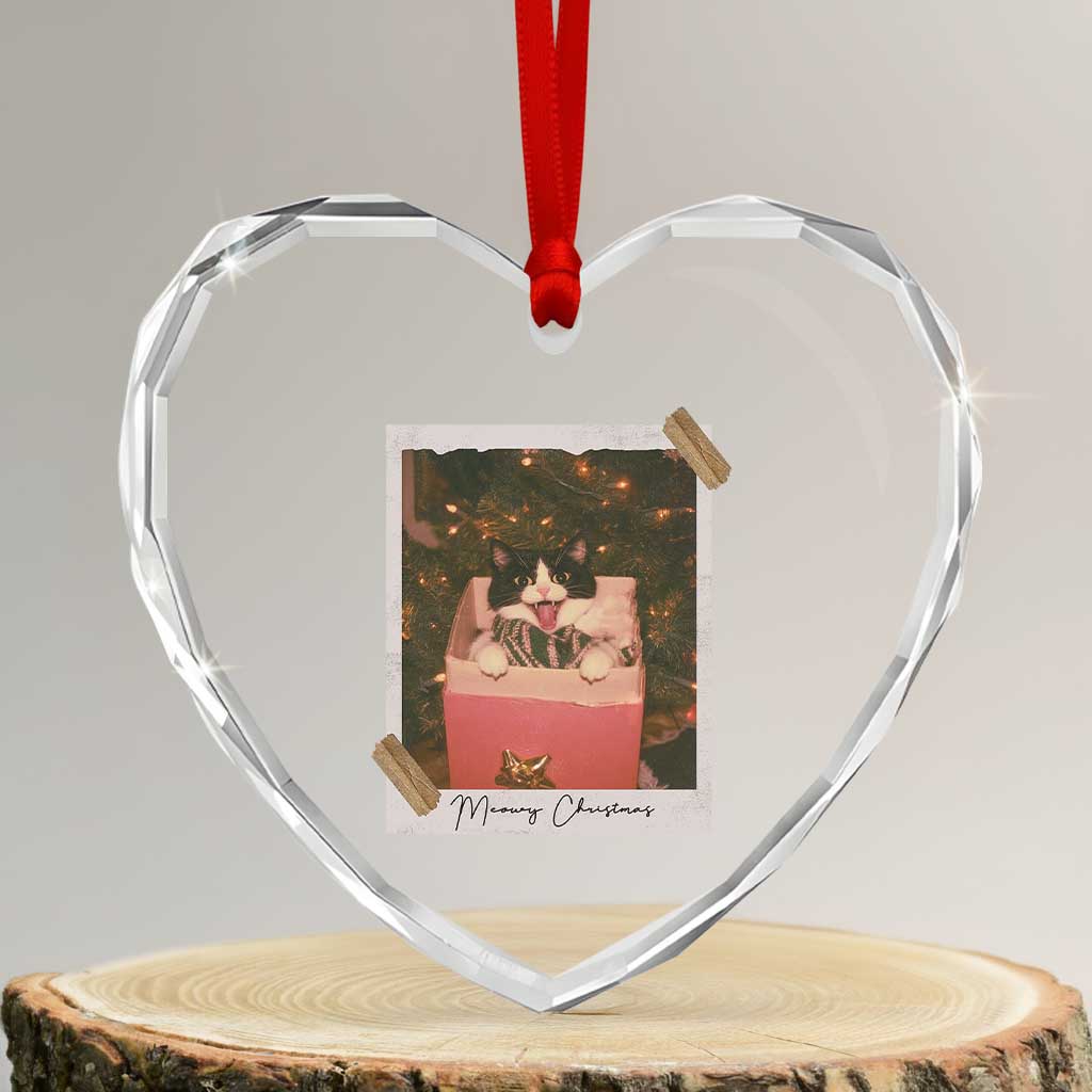 Meowy Christmas Heart Crystal Glass Ornament Cute Cat Lovers Xmas Retro Vintage Photo - Wonder Print Shop