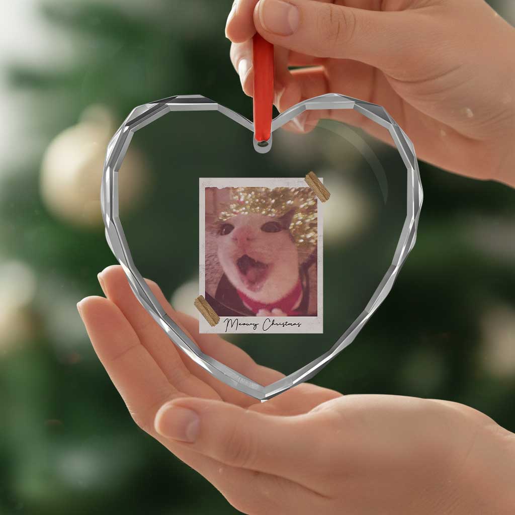 Meowy Christmas Heart Crystal Glass Ornament Funny Cat Lovers Xmas Vintage Photo - Wonder Print Shop