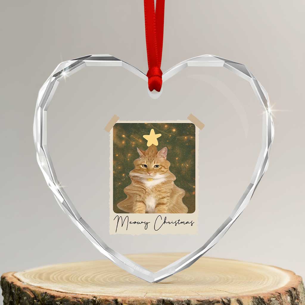 Meowy Christmas Heart Crystal Glass Ornament Funny Cat Xmas Tree Retro Vintage Photo - Wonder Print Shop