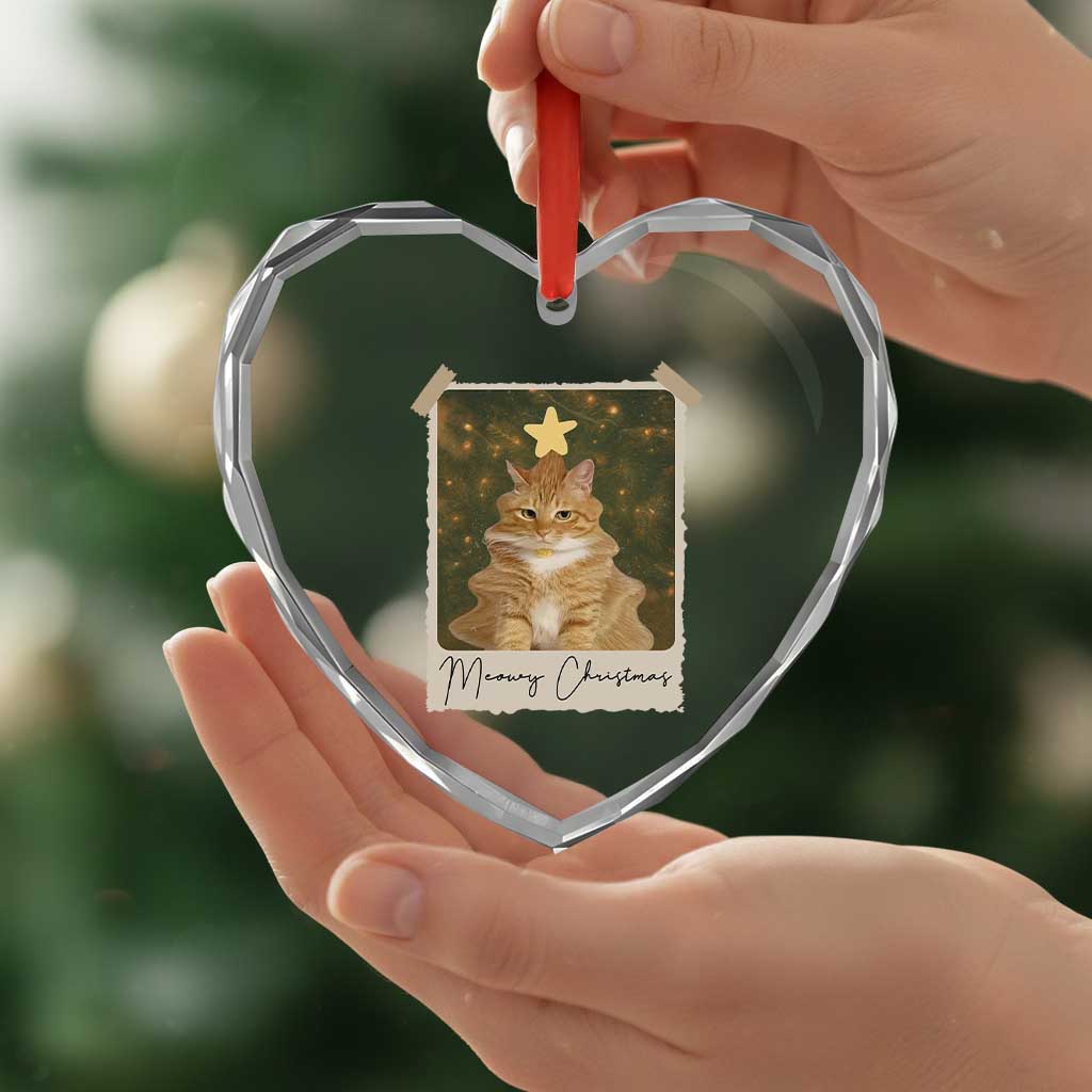 Meowy Christmas Heart Crystal Glass Ornament Funny Cat Xmas Tree Retro Vintage Photo - Wonder Print Shop