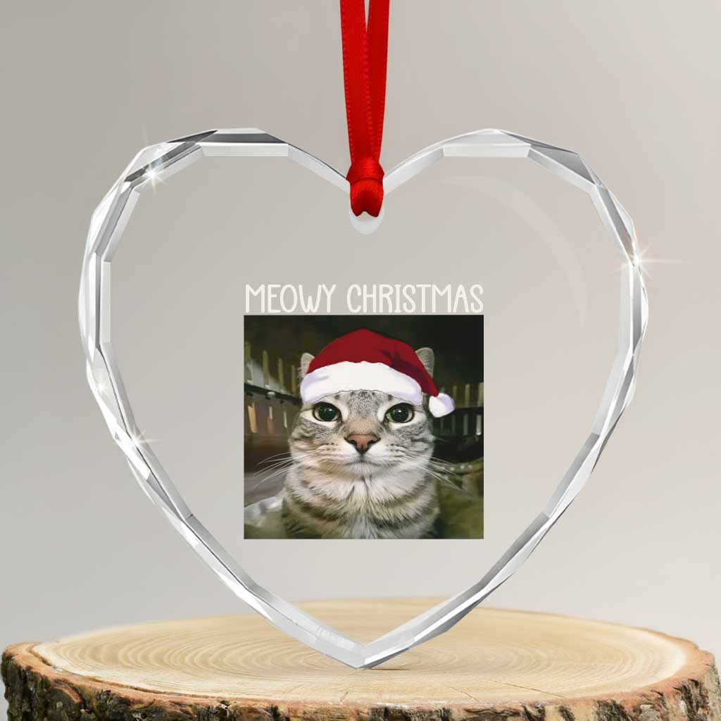 Meowy Christmas Heart Crystal Glass Ornament Xmas Silly Staring Cat Meme Santa Hat - Wonder Print Shop