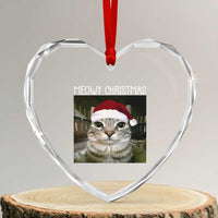 Meowy Christmas Heart Crystal Glass Ornament Xmas Silly Staring Cat Meme Santa Hat - Wonder Print Shop