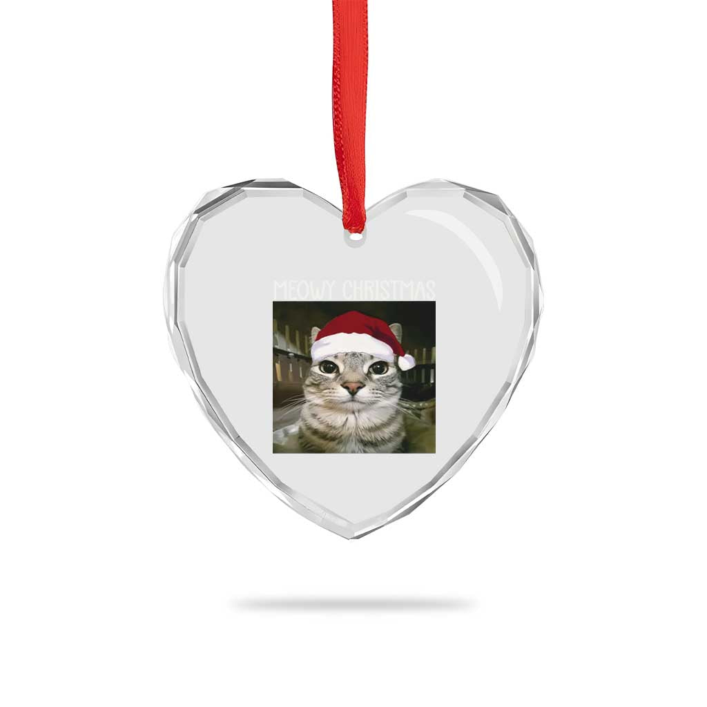 Meowy Christmas Heart Crystal Glass Ornament Xmas Silly Staring Cat Meme Santa Hat - Wonder Print Shop