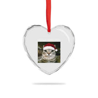 Meowy Christmas Heart Crystal Glass Ornament Xmas Silly Staring Cat Meme Santa Hat - Wonder Print Shop