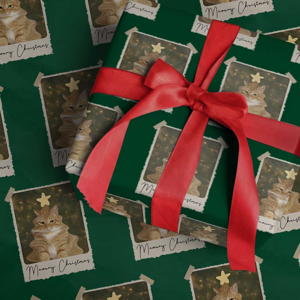 Meowy Christmas Wrapping Paper Roll Funny Cat Xmas Tree Retro Vintage Photo - Wonder Print Shop