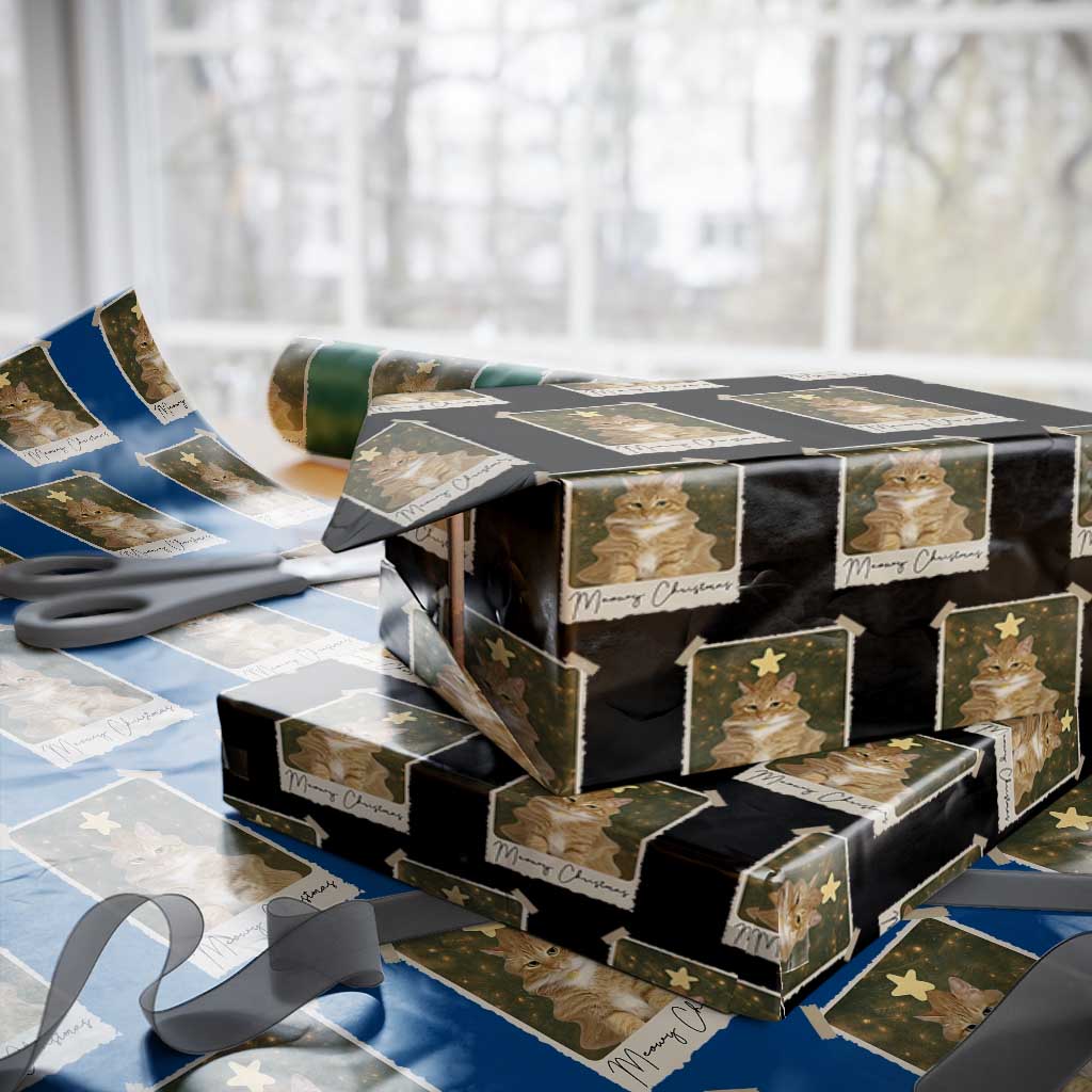 Meowy Christmas Wrapping Paper Roll Funny Cat Xmas Tree Retro Vintage Photo - Wonder Print Shop