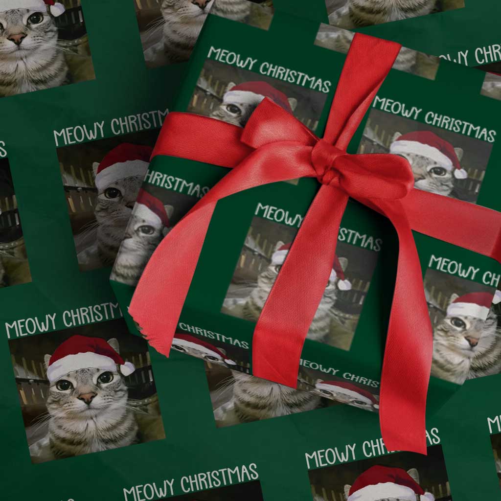Meowy Christmas Wrapping Paper Roll Xmas Silly Staring Cat Meme Santa Hat - Wonder Print Shop