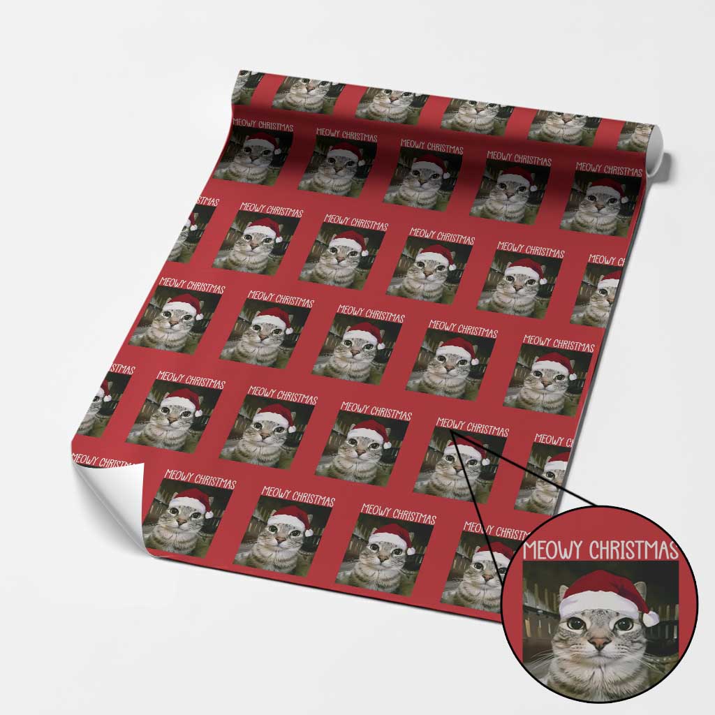 Meowy Christmas Wrapping Paper Roll Xmas Silly Staring Cat Meme Santa Hat - Wonder Print Shop