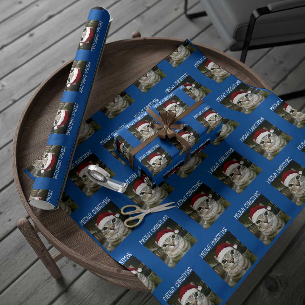 Meowy Christmas Wrapping Paper Roll Xmas Silly Staring Cat Meme Santa Hat - Wonder Print Shop