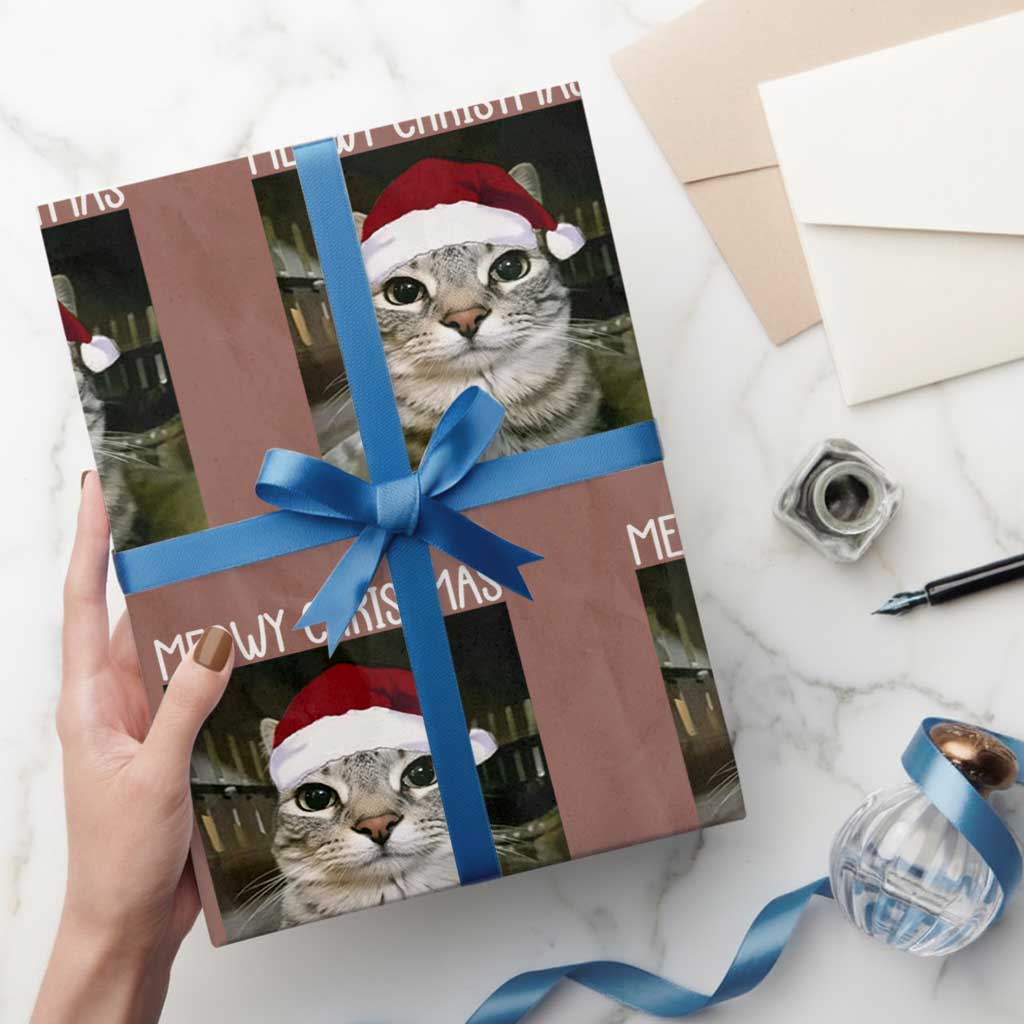 Meowy Christmas Wrapping Paper Roll Xmas Silly Staring Cat Meme Santa Hat - Wonder Print Shop