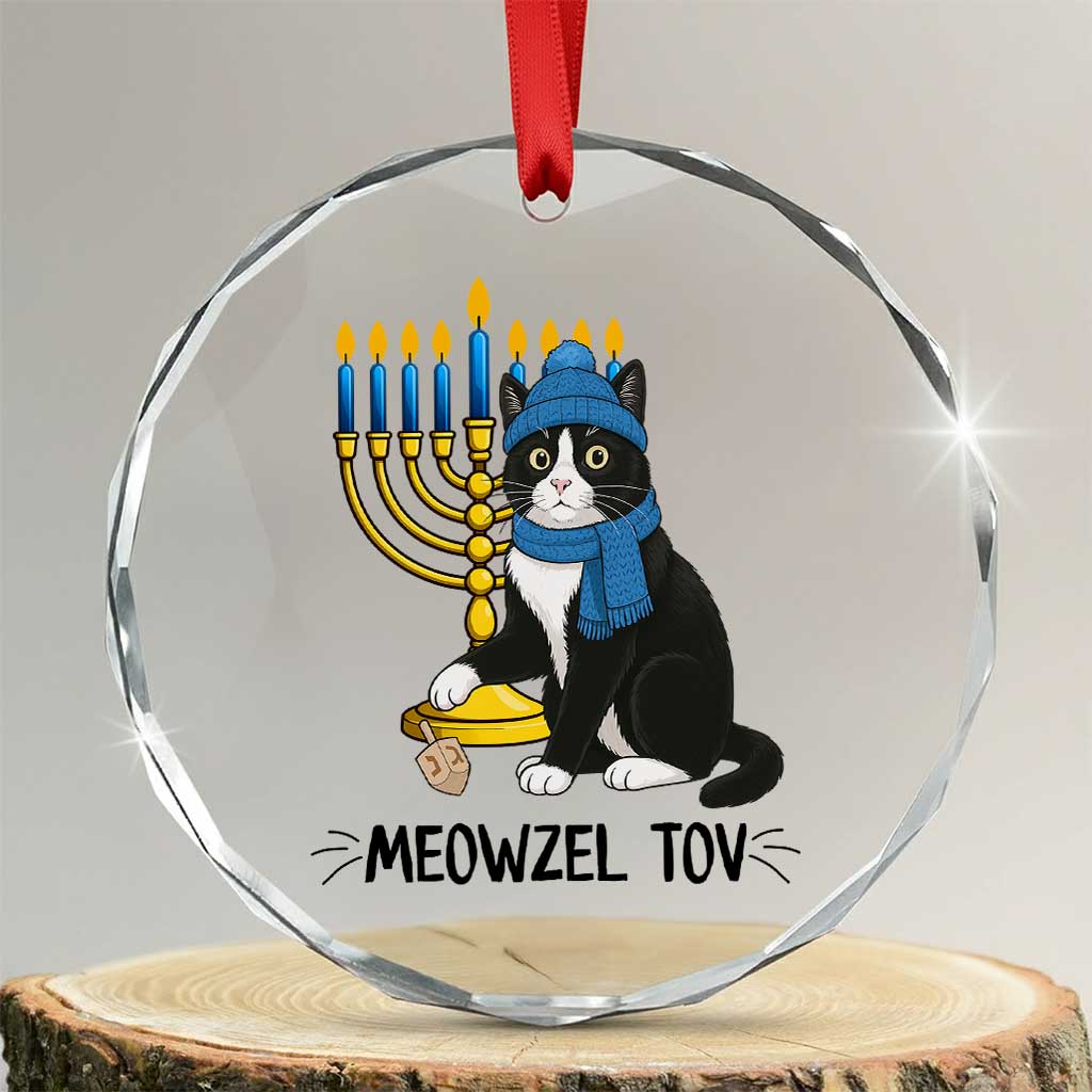 Meowzel Tov Crystal Glass Ornament Black Cat Playing Dreidel Menorah Hanukkah Gift - Wonder Print Shop