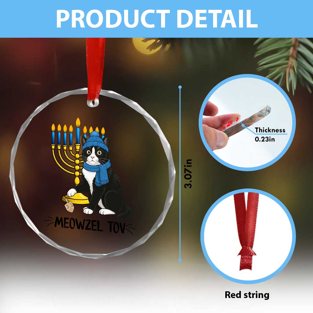 Meowzel Tov Crystal Glass Ornament Black Cat Playing Dreidel Menorah Hanukkah Gift - Wonder Print Shop
