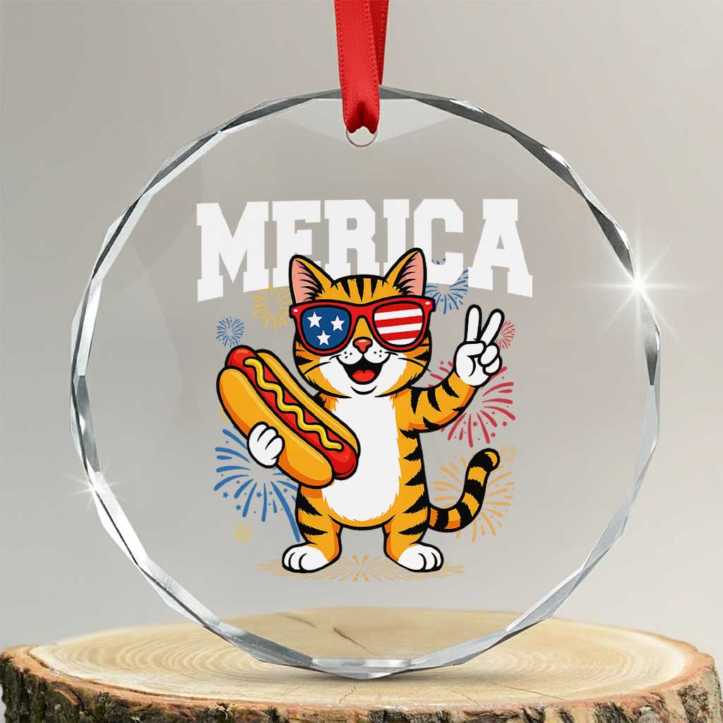 Merica Cat Crystal Glass Ornament Funny 4th of July Hot Dog and Fireworks Patriotic USA Flag - Wonder Print Shop