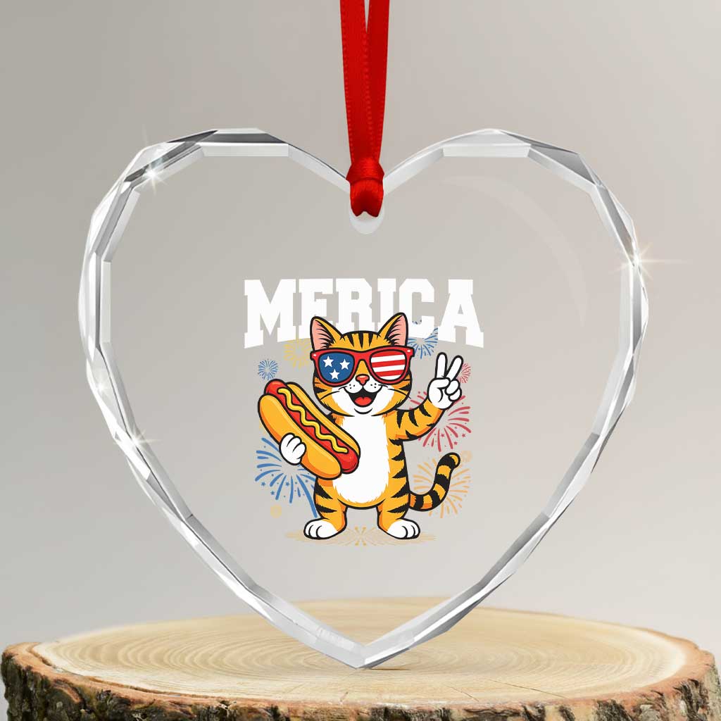 Merica Cat Heart Crystal Glass Ornament Funny 4th of July Hot Dog and Fireworks Patriotic USA Flag - Wonder Print Shop