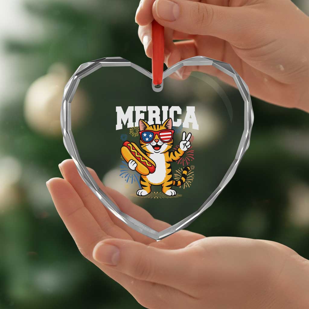 Merica Cat Heart Crystal Glass Ornament Funny 4th of July Hot Dog and Fireworks Patriotic USA Flag - Wonder Print Shop