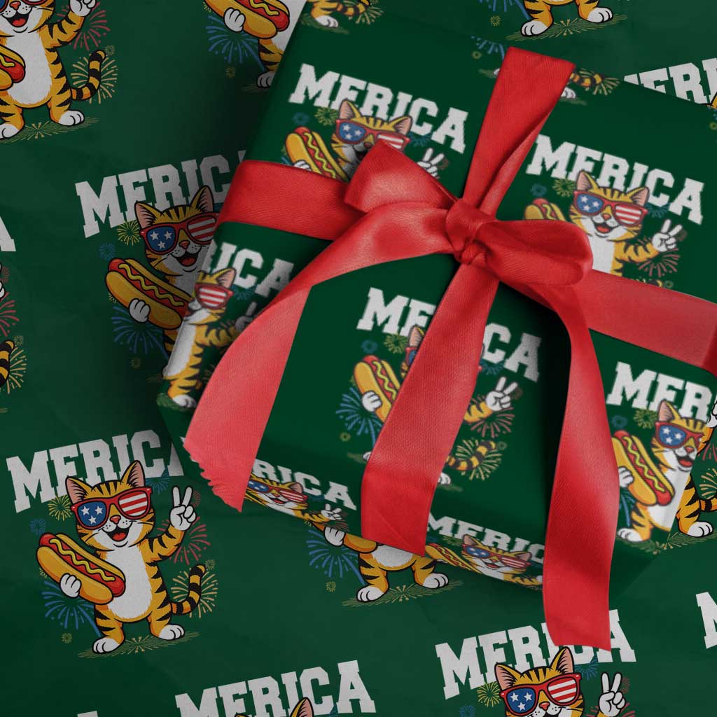 Merica Cat Wrapping Paper Roll Funny 4th of July Hot Dog and Fireworks Patriotic USA Flag - Wonder Print Shop
